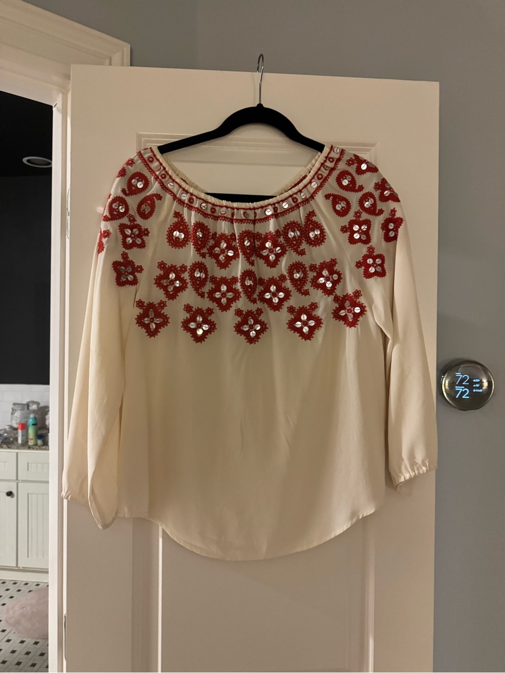 Tory Burch Cream Blouse with Red Embroidered Yoke - Picture 3 of 9